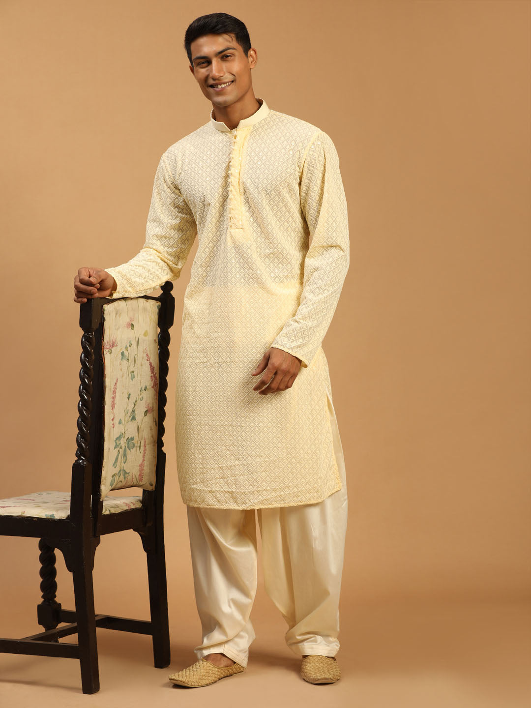 Sarvati Men's Cream Embroidery Worked Georgette Kurta With Cream Patiala Set