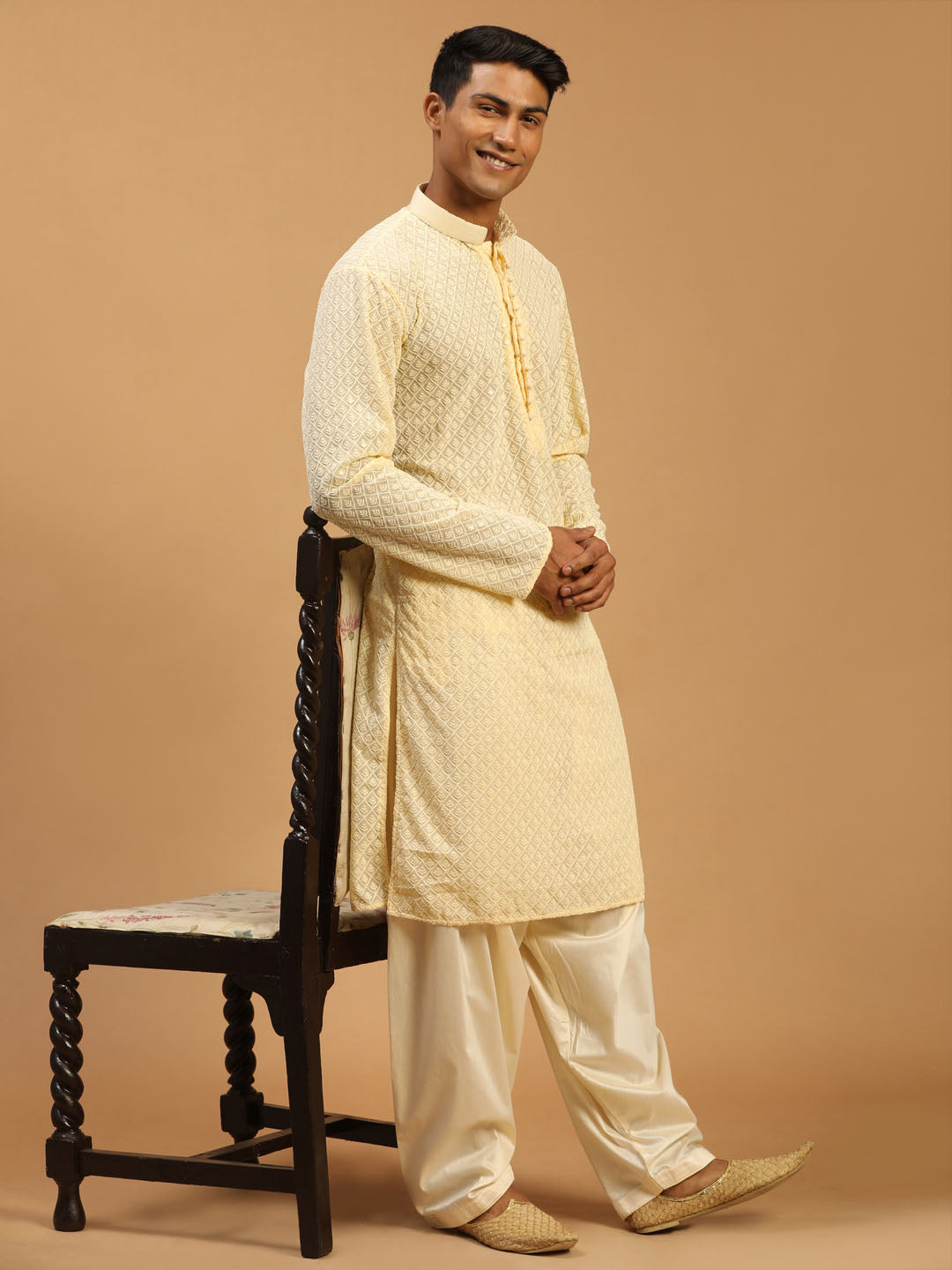 Sarvati Men's Cream Embroidery Worked Georgette Kurta With Cream Patiala Set