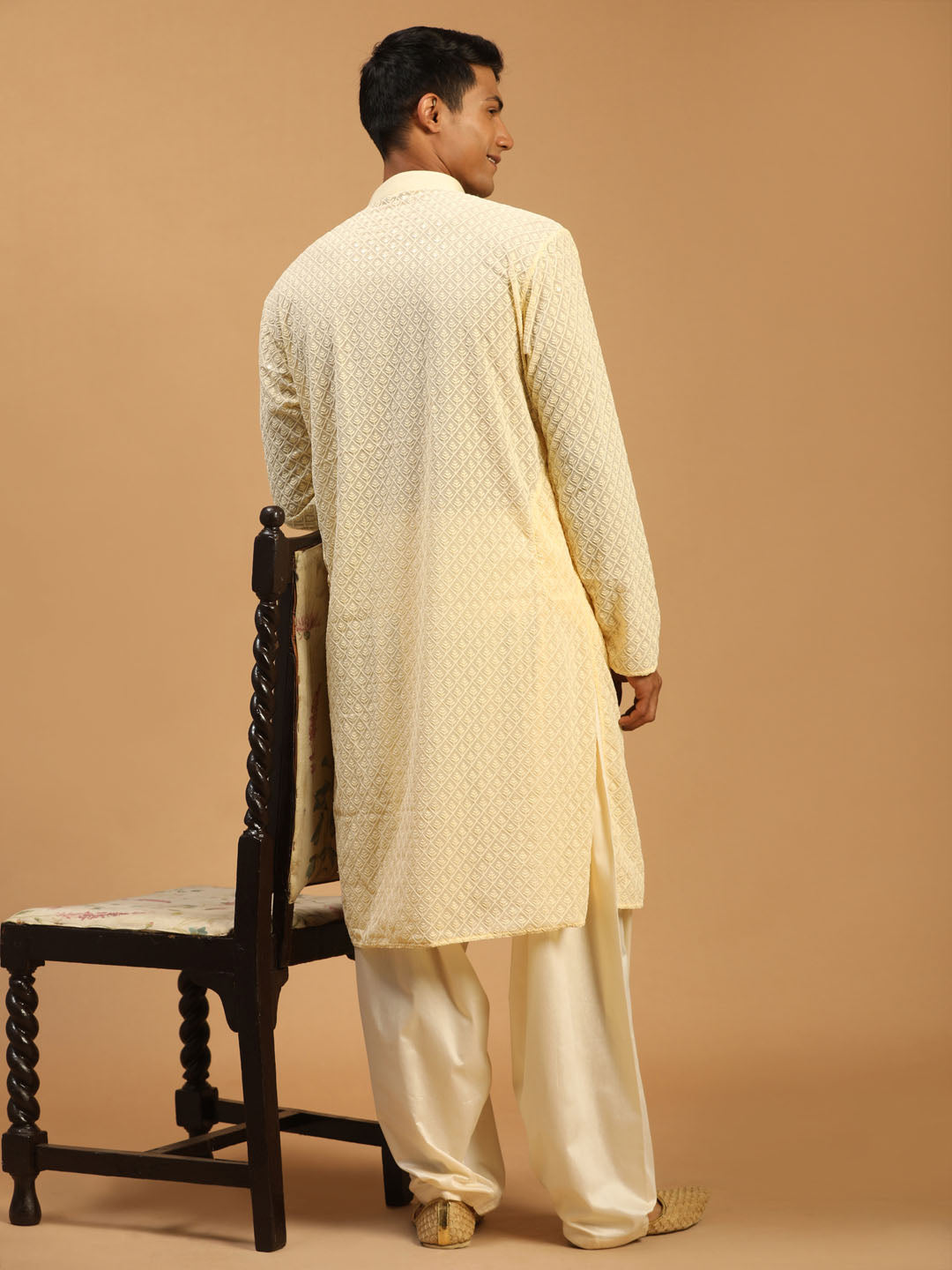 Sarvati Men's Cream Embroidery Worked Georgette Kurta With Cream Patiala Set