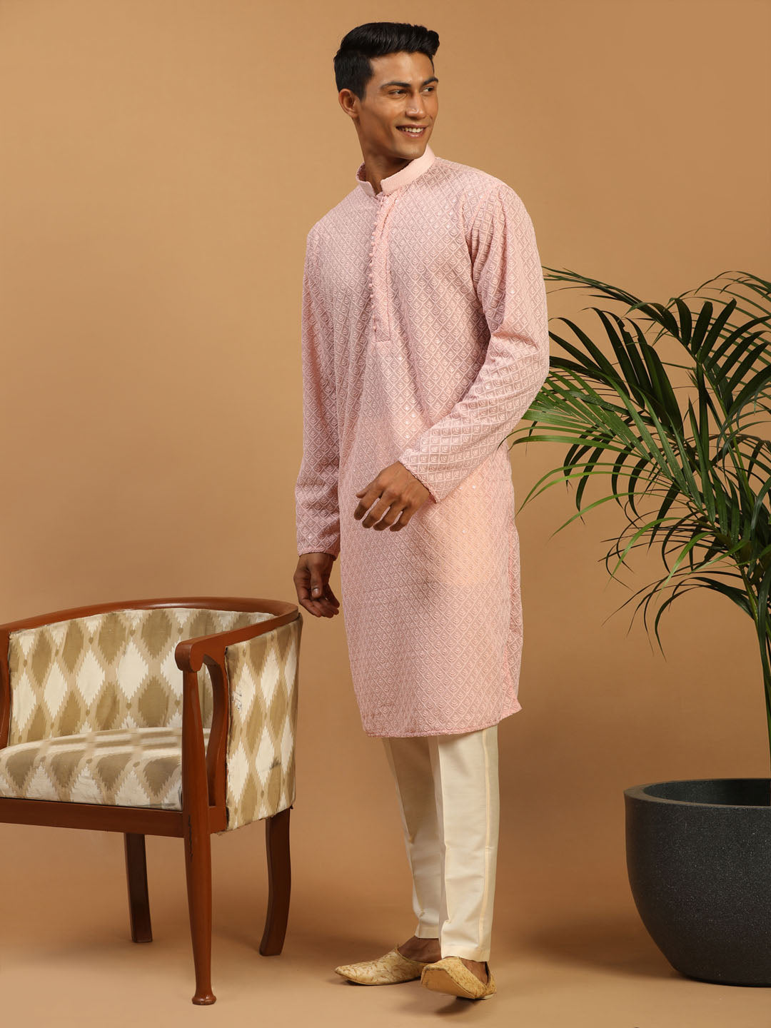 Sarvati Men's Pink Embroidery Worked Georgette Kurta With Cream Pant Style Pyjama set