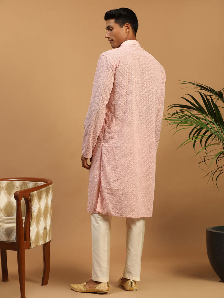 Sarvati Men's Pink Embroidery Worked Georgette Kurta With Cream Pant Style Pyjama set