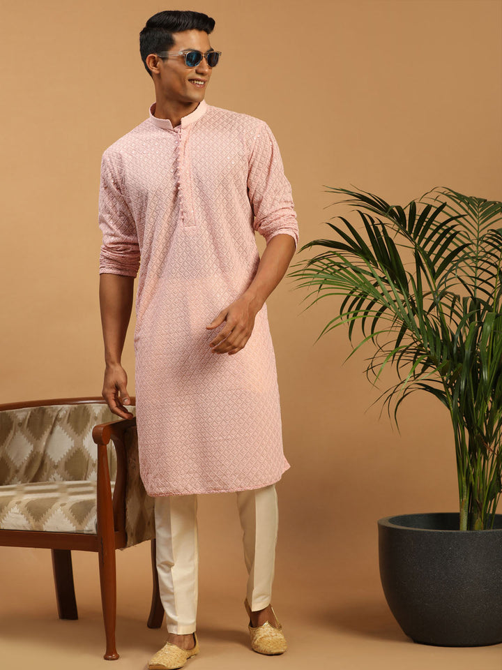 Sarvati Men's Pink Embroidery Worked Georgette Kurta With Cream Pant Style Pyjama set