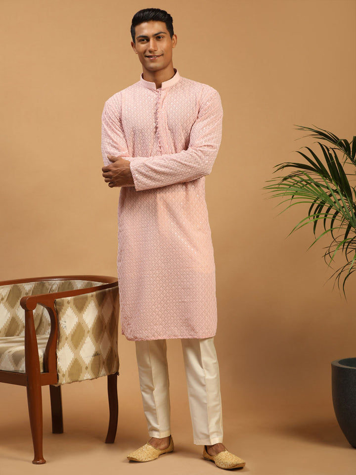 Sarvati Men's Pink Embroidery Worked Georgette Kurta With Cream Pant Style Pyjama set