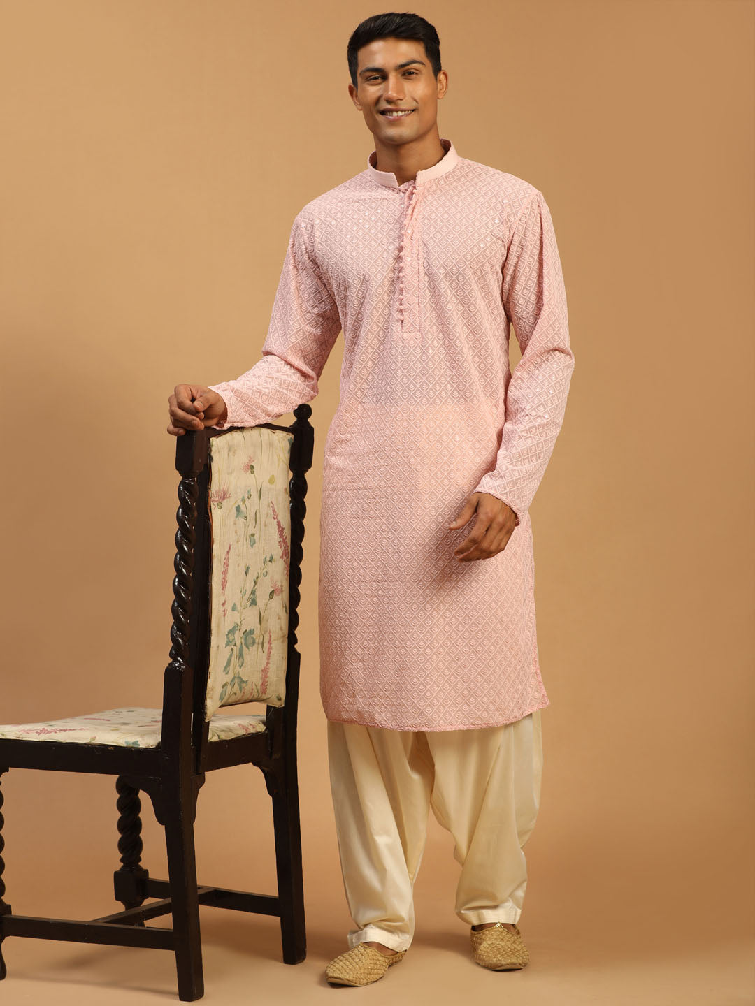 Sarvati Men's Pink Embroidery Worked Georgette Kurta With Cream Patiala Set