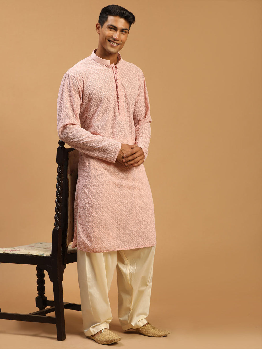 Sarvati Men's Pink Embroidery Worked Georgette Kurta With Cream Patiala Set