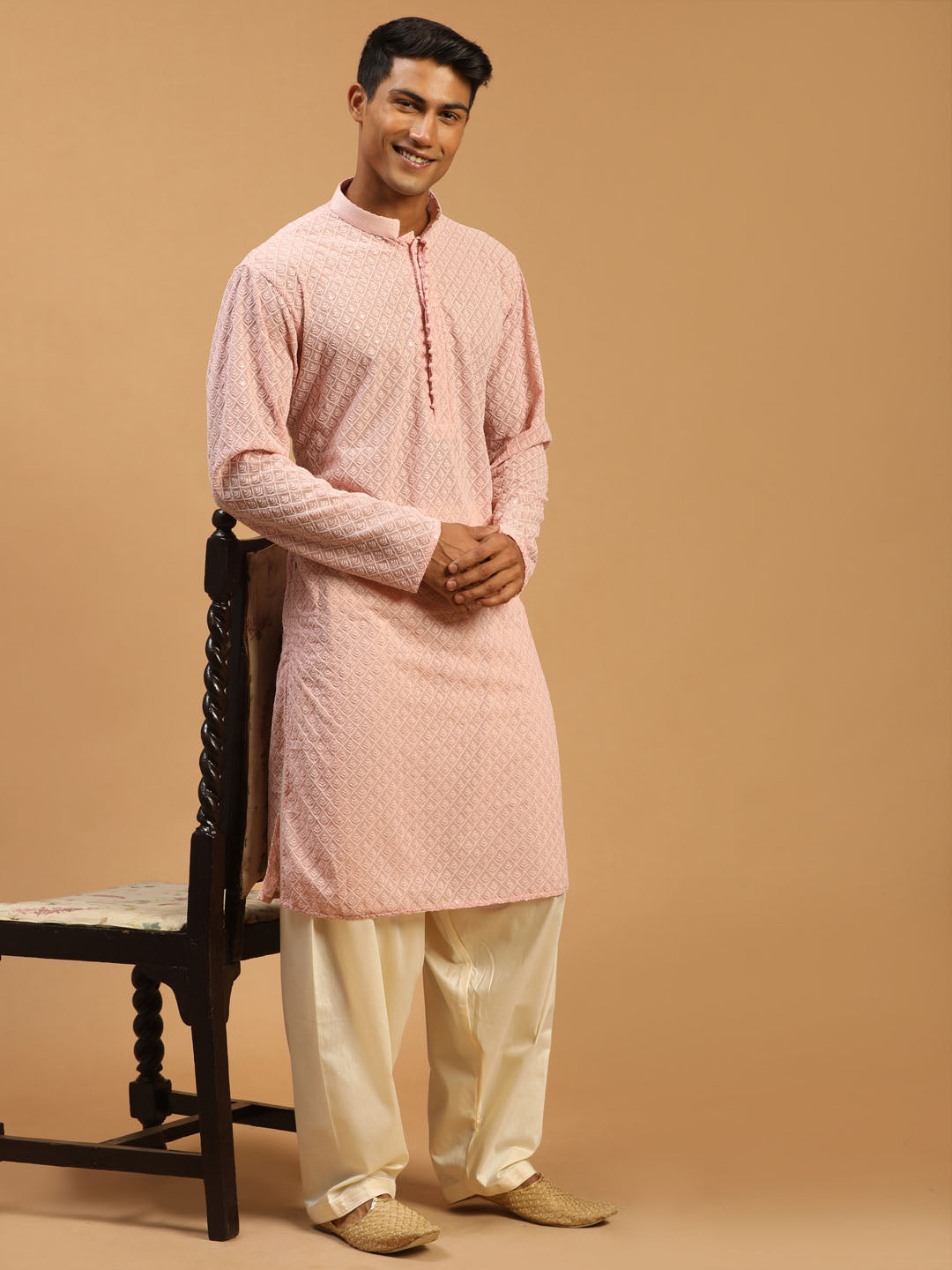 Sarvati Men's Pink Embroidery Worked Georgette Kurta With Cream Patiala Set