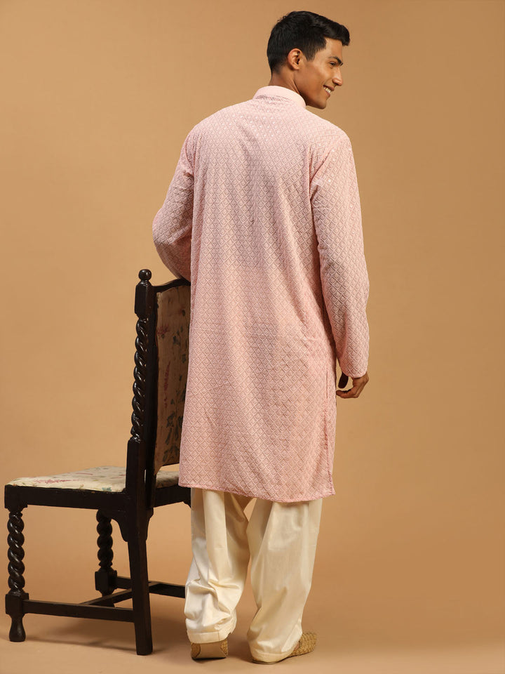 Sarvati Men's Pink Embroidery Worked Georgette Kurta With Cream Patiala Set
