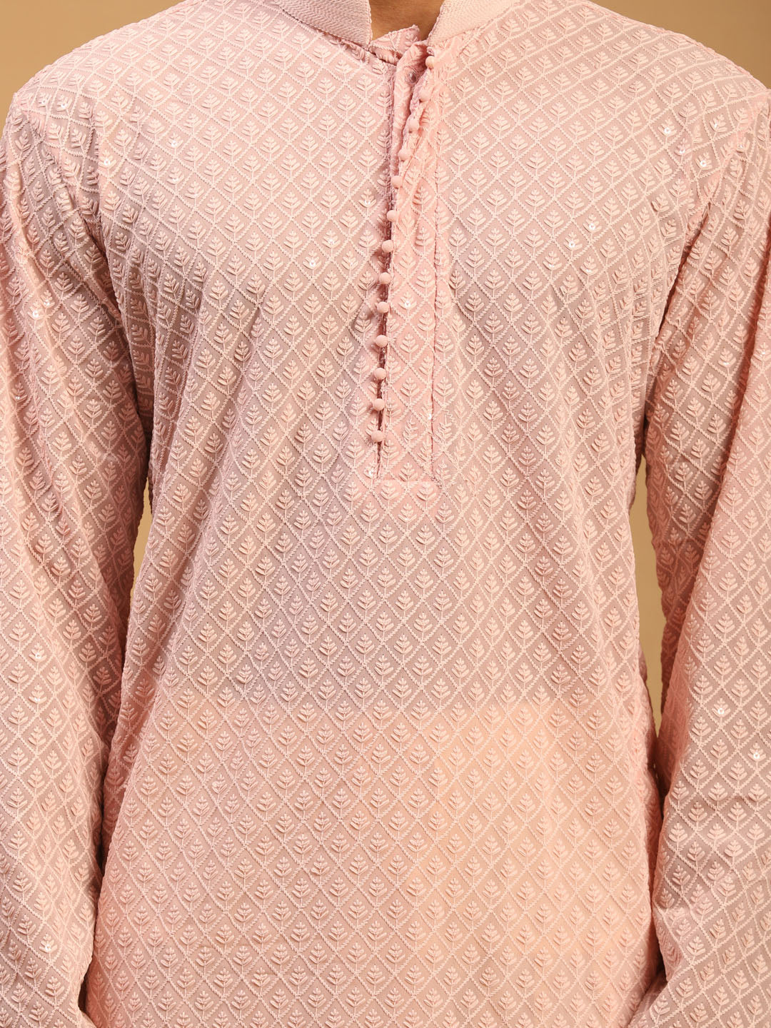 Sarvati Men's Pink Embroidery Worked Georgette Kurta With Cream Patiala Set