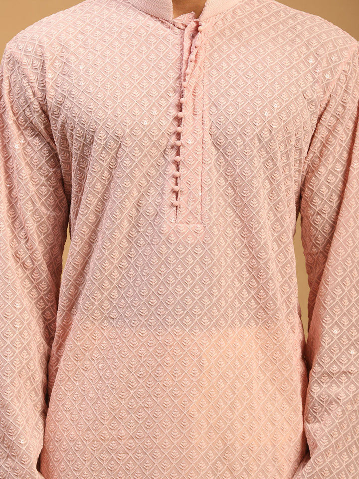 Sarvati Men's Pink Embroidery Worked Georgette Kurta With Cream Patiala Set