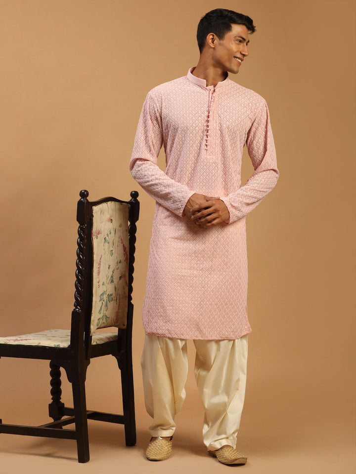 Sarvati Men's Pink Embroidery Worked Georgette Kurta With Cream Patiala Set