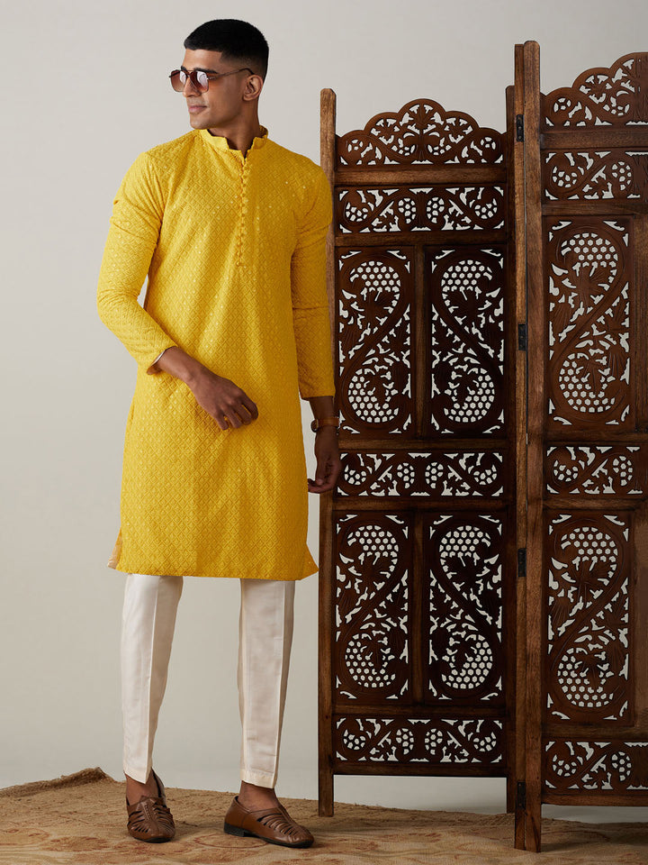 Sarvati Men's Yellow Embroidery Worked Georgette Kurta With Pant Style Pyjama Set