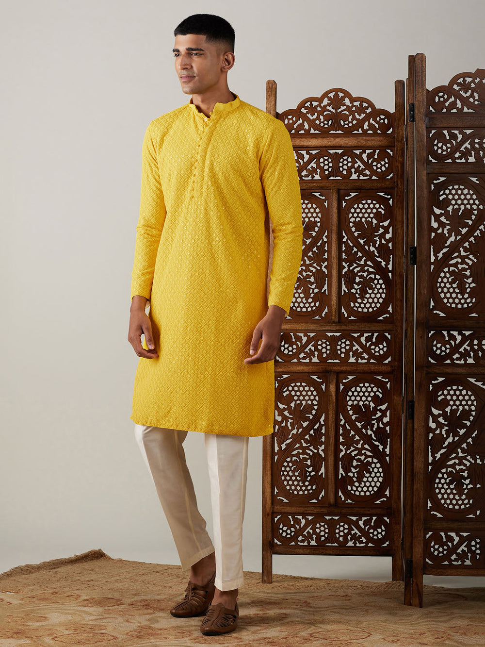 Sarvati Men's Yellow Embroidery Worked Georgette Kurta With Pant Style Pyjama Set