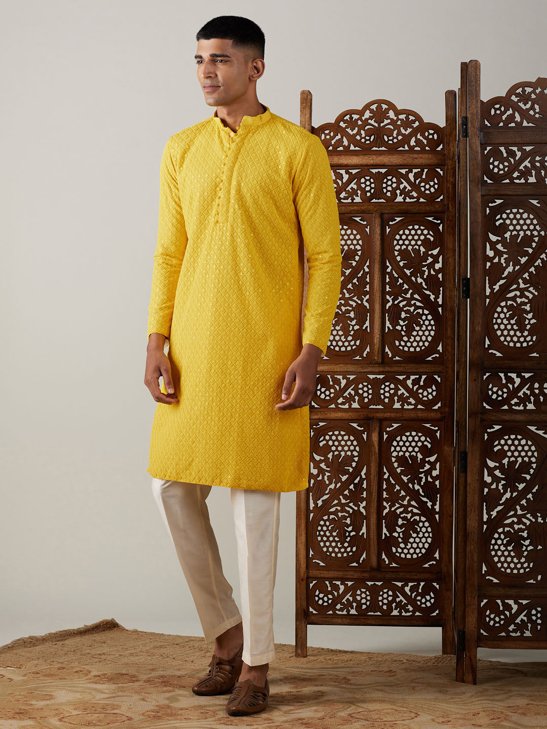 Sarvati Men's Yellow Embroidery Worked Georgette Kurta With Pant Style Pyjama Set