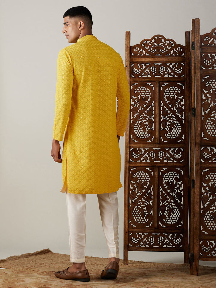 Sarvati Men's Yellow Embroidery Worked Georgette Kurta With Pant Style Pyjama Set