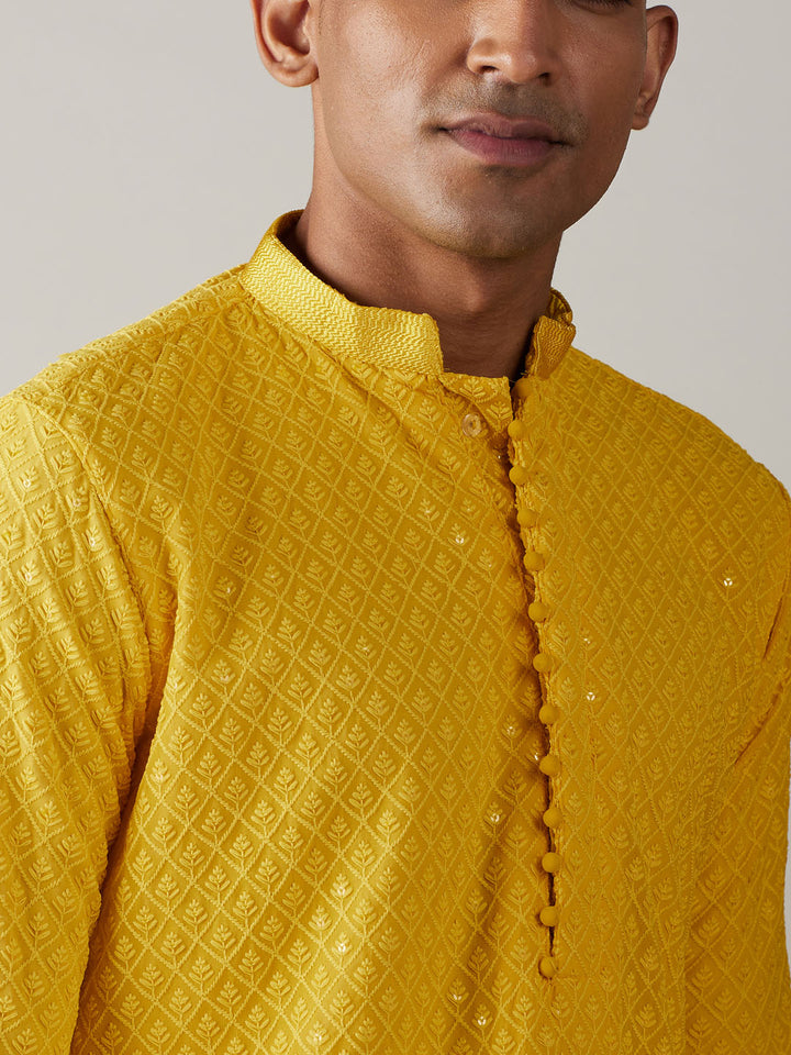 Sarvati Men's Yellow Embroidery Worked Georgette Kurta With Pant Style Pyjama Set