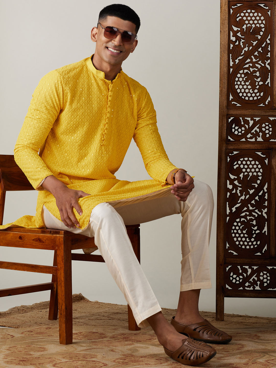 Sarvati Men's Yellow Embroidery Worked Georgette Kurta With Pant Style Pyjama Set