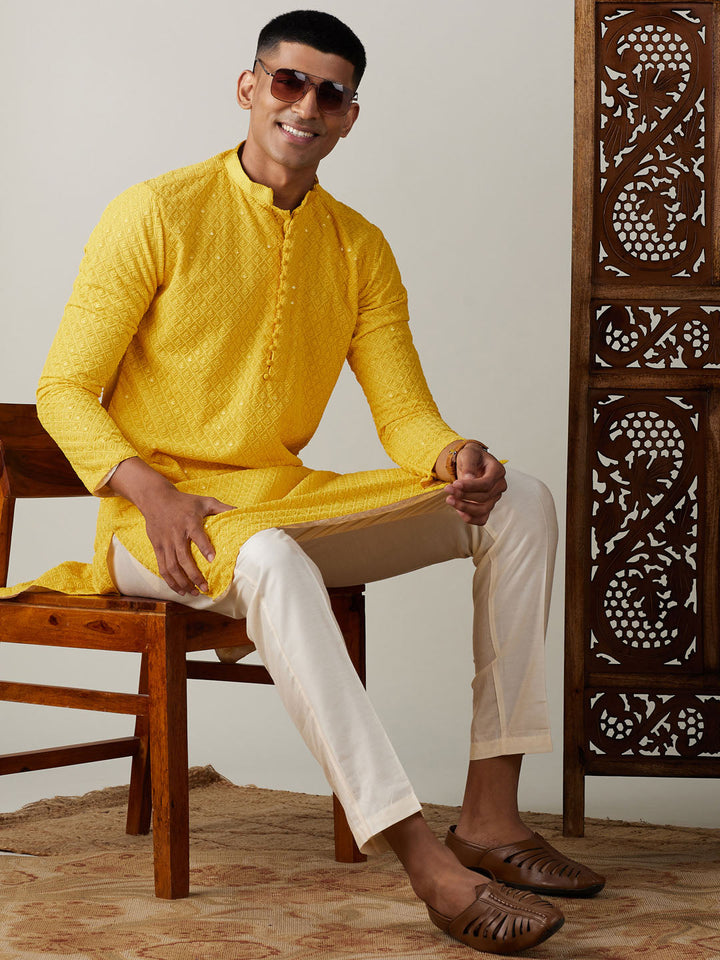 Sarvati Men's Yellow Embroidery Worked Georgette Kurta With Pant Style Pyjama Set