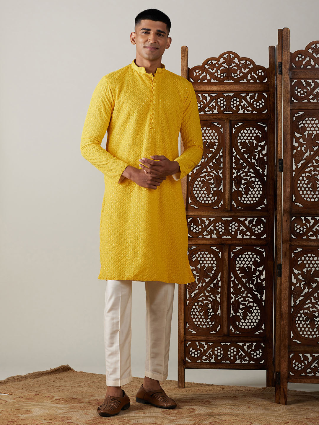 Sarvati Men's Yellow Embroidery Worked Georgette Kurta With Pant Style Pyjama Set