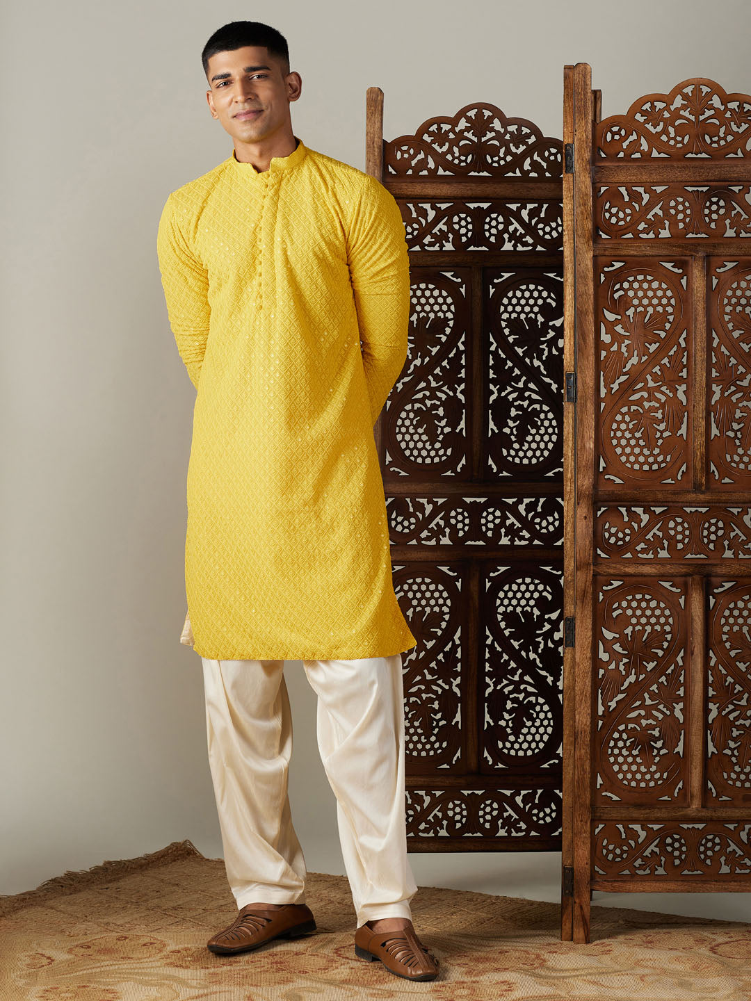 Sarvati Men's Yellow Embroidery Worked Georgette Kurta With Cream Patiala Set