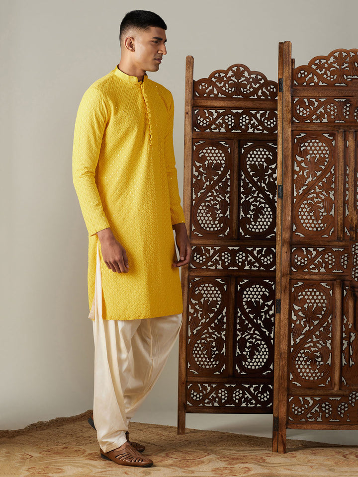 Sarvati Men's Yellow Embroidery Worked Georgette Kurta With Cream Patiala Set