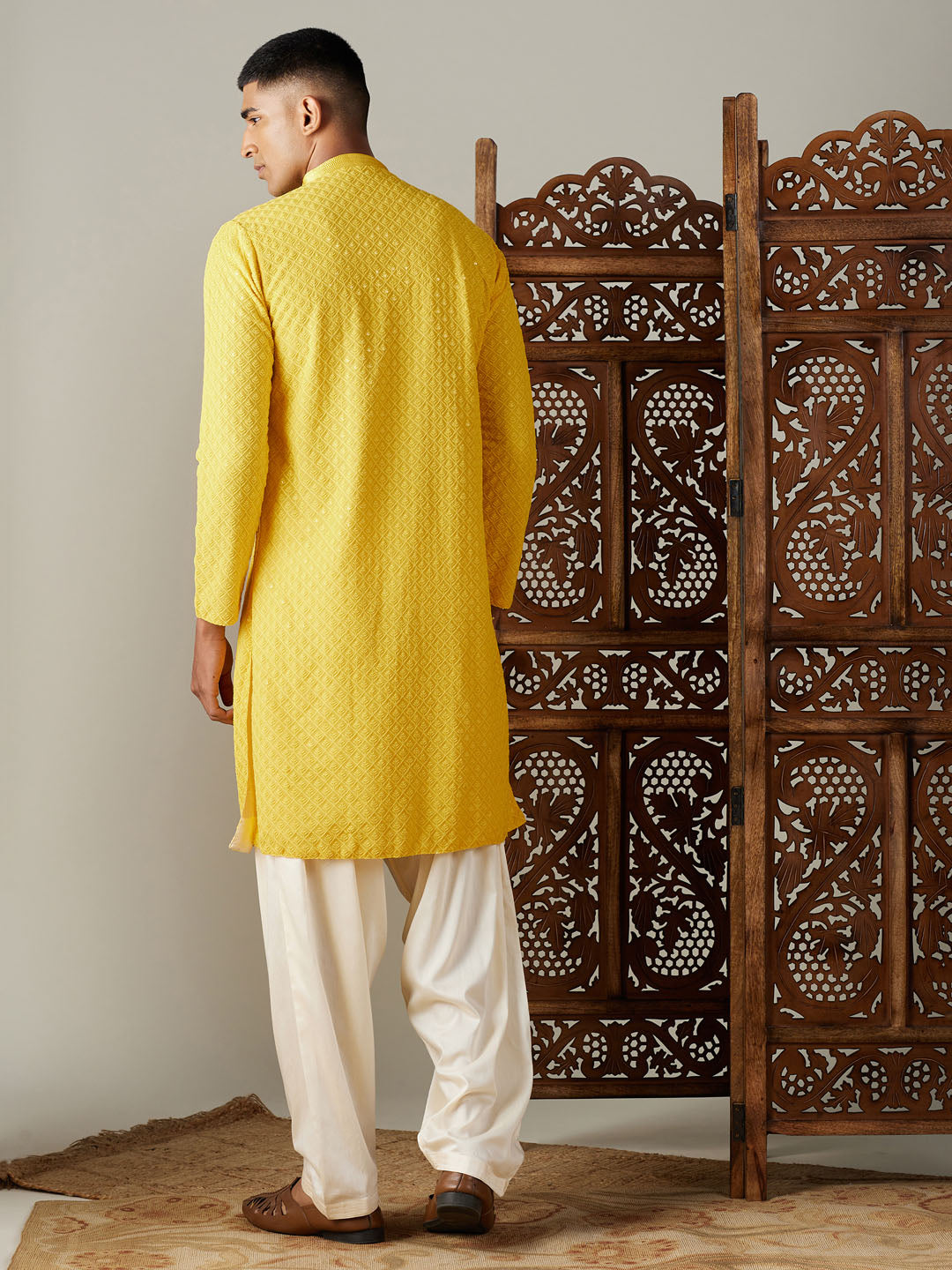 Sarvati Men's Yellow Embroidery Worked Georgette Kurta With Cream Patiala Set