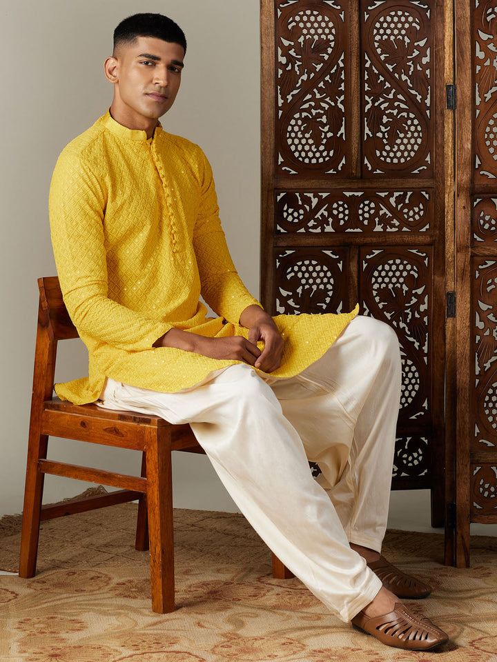 Sarvati Men's Yellow Embroidery Worked Georgette Kurta With Cream Patiala Set