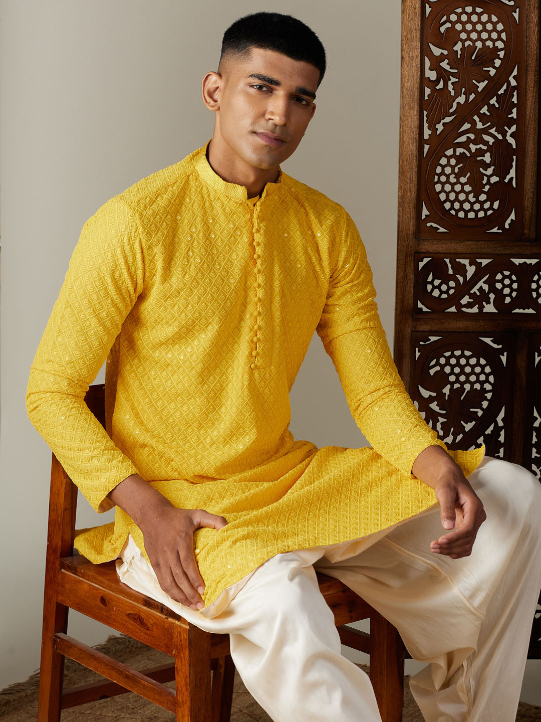 Sarvati Men's Yellow Embroidery Worked Georgette Kurta With Cream Patiala Set