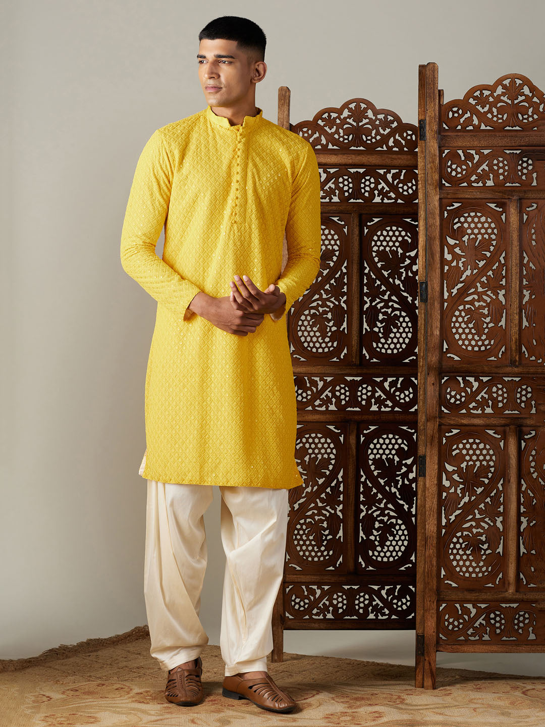 Sarvati Men's Yellow Embroidery Worked Georgette Kurta With Cream Patiala Set