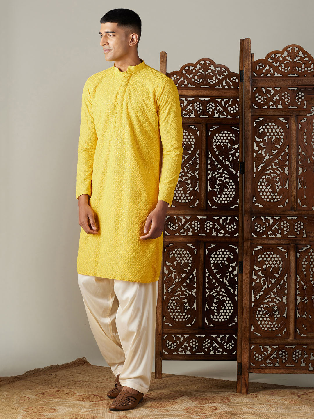 Sarvati Men's Yellow Embroidery Worked Georgette Kurta With Cream Patiala Set