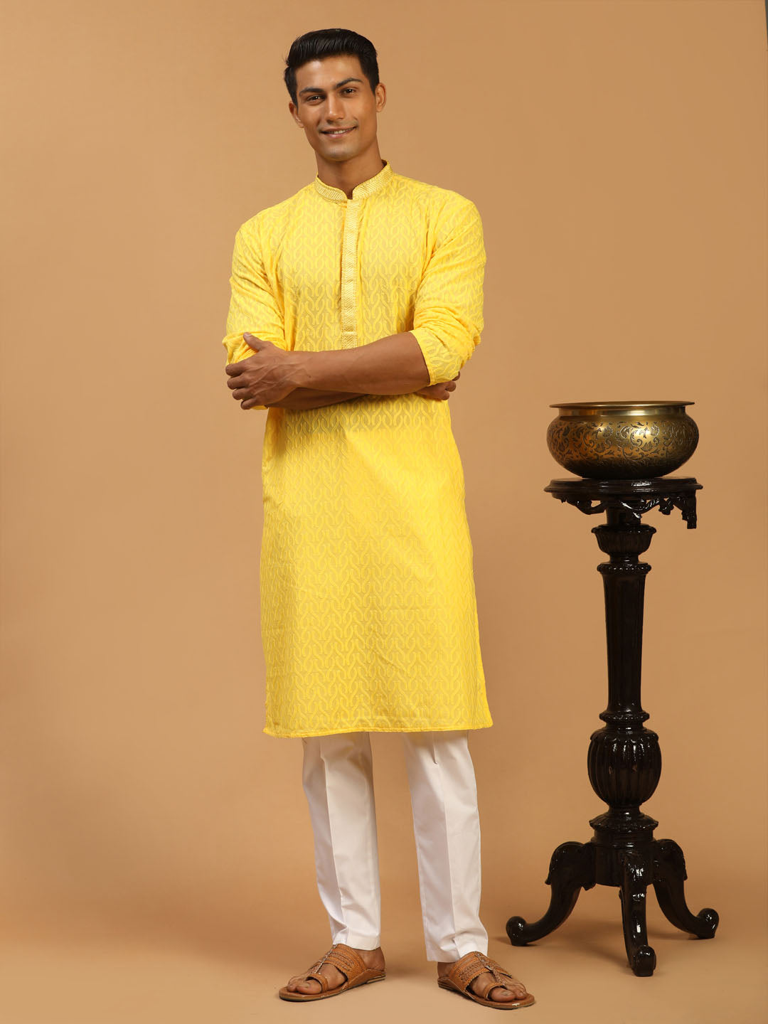 Sarvati Men's Yellow Embroidered Pure Cotton Kurta With White Pant Style Pyjama Set