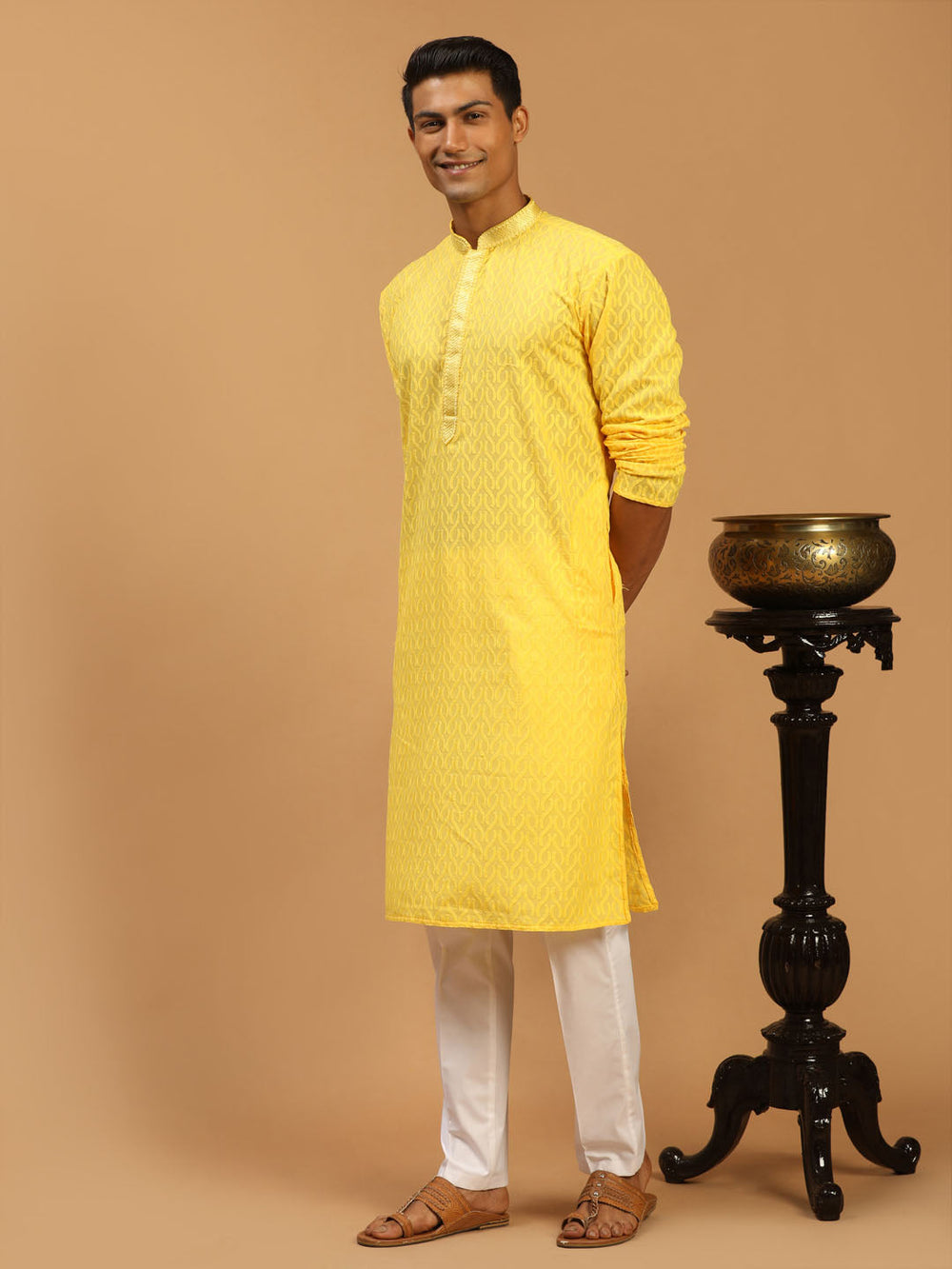 Sarvati Men's Yellow Embroidered Pure Cotton Kurta With White Pant Style Pyjama Set