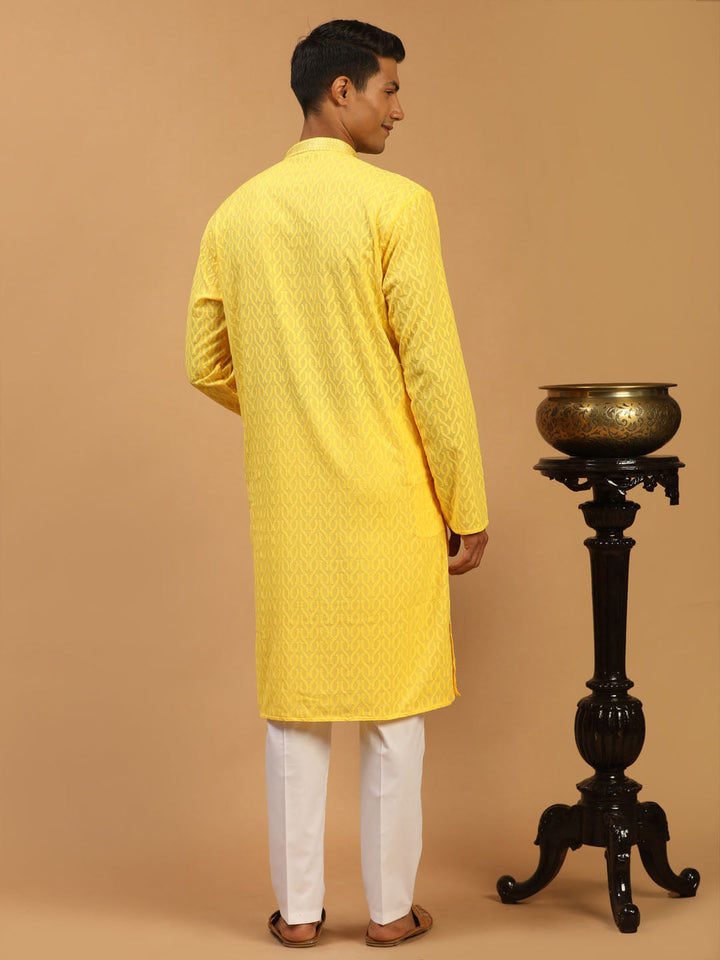 Sarvati Men's Yellow Embroidered Pure Cotton Kurta With White Pant Style Pyjama Set