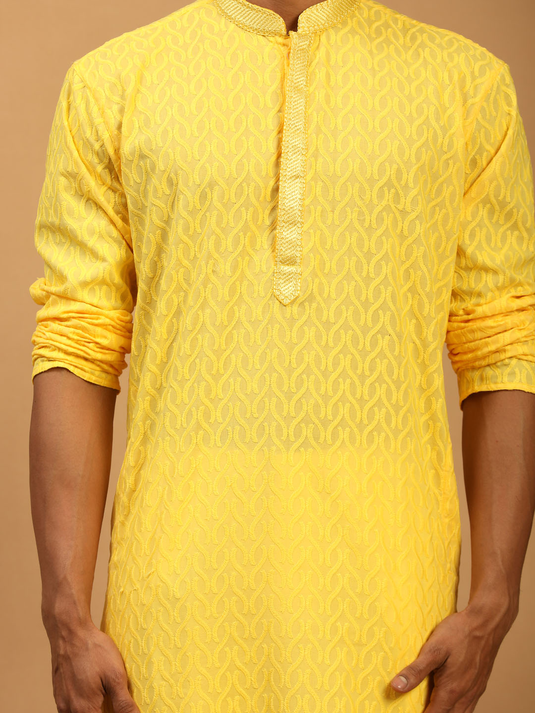 Sarvati Men's Yellow Embroidered Pure Cotton Kurta With White Pant Style Pyjama Set