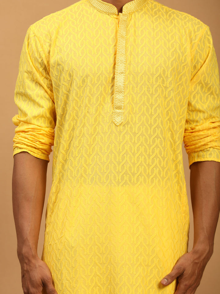 Sarvati Men's Yellow Embroidered Pure Cotton Kurta With White Pant Style Pyjama Set