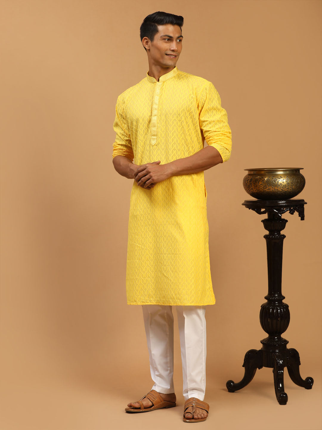 Sarvati Men's Yellow Embroidered Pure Cotton Kurta With White Pant Style Pyjama Set