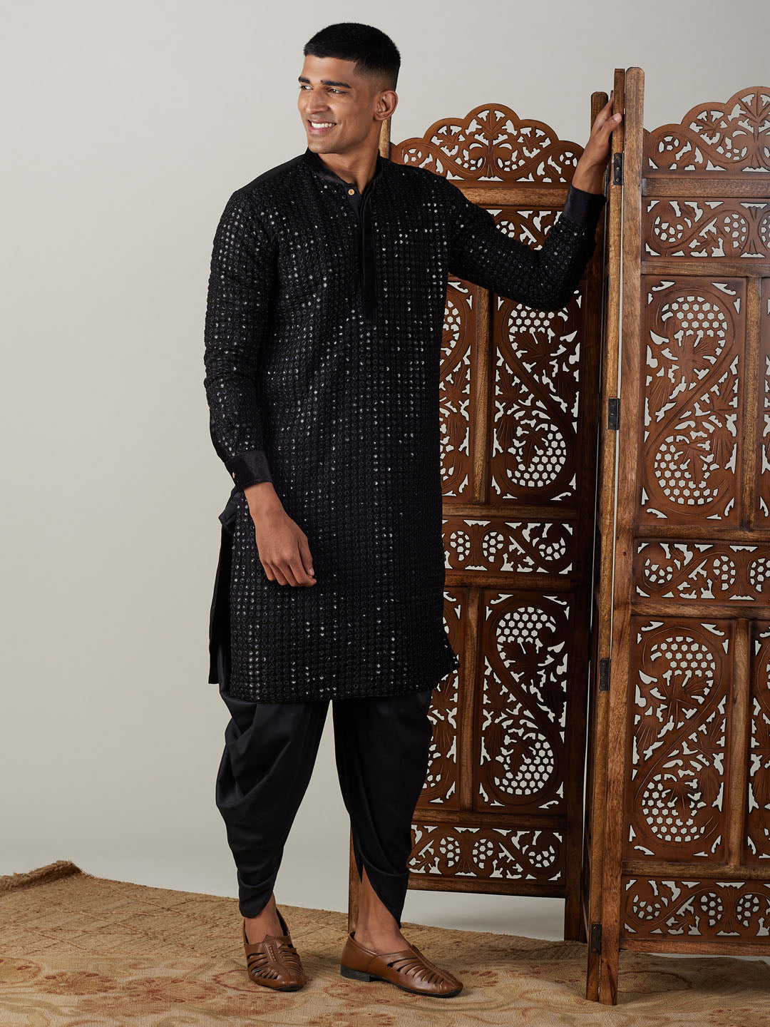 Sarvati Men's Black Mirror Georgette Kurta Dhoti Set