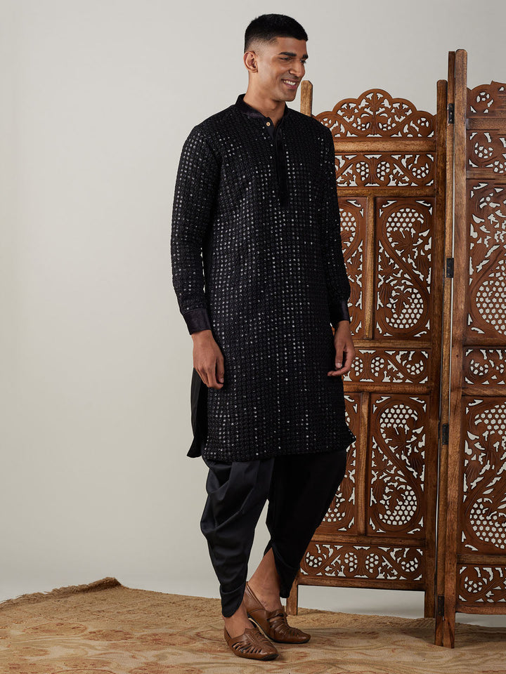 Sarvati Men's Black Mirror Georgette Kurta Dhoti Set