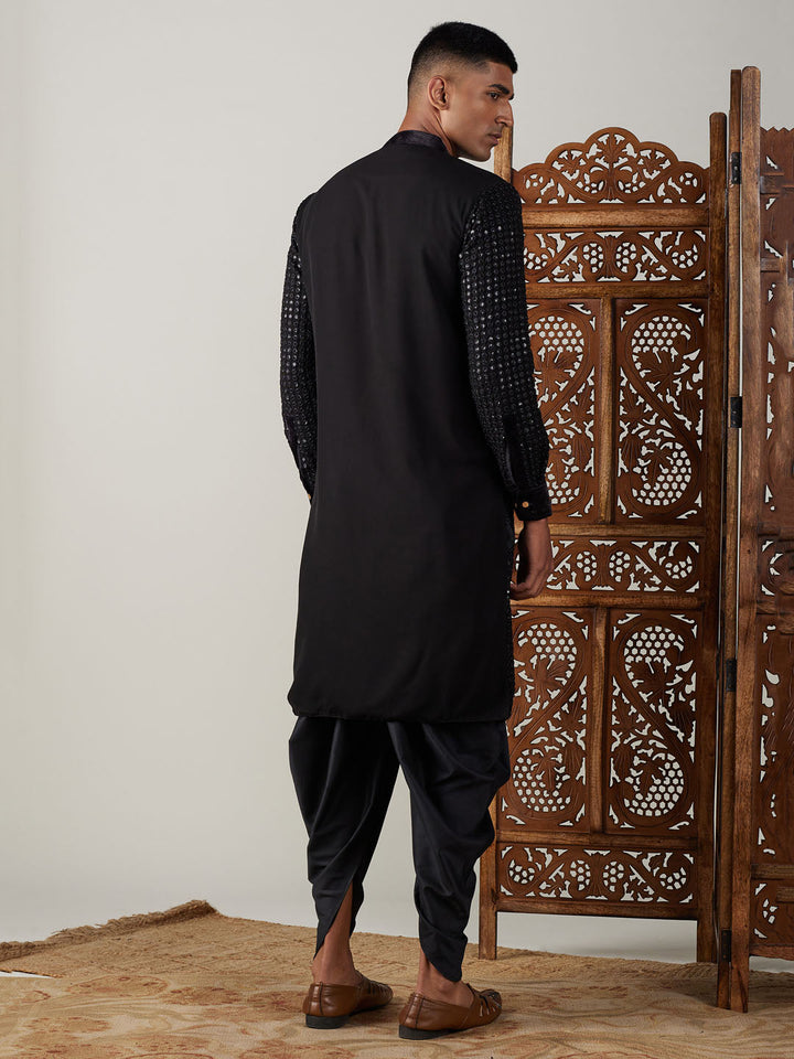 Sarvati Men's Black Mirror Georgette Kurta Dhoti Set