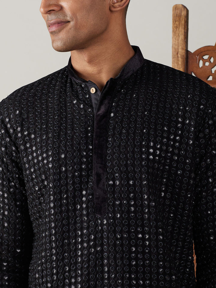 Sarvati Men's Black Mirror Georgette Kurta Dhoti Set