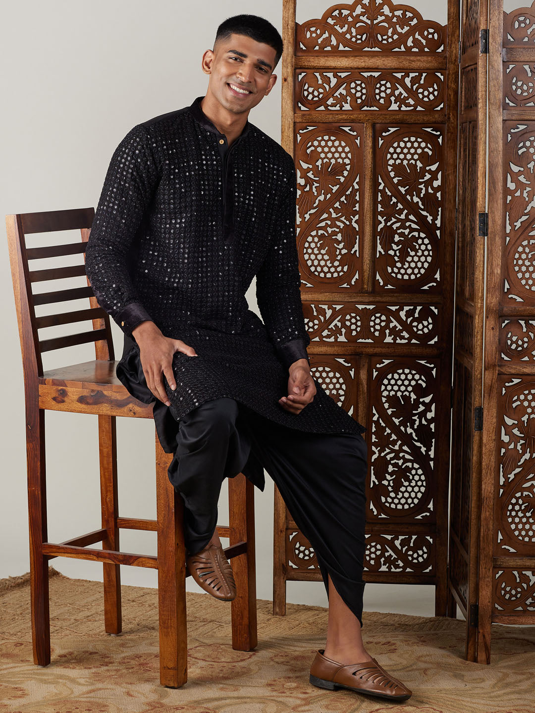 Sarvati Men's Black Mirror Georgette Kurta Dhoti Set