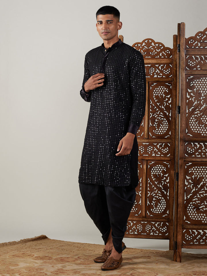 Sarvati Men's Black Mirror Georgette Kurta Dhoti Set