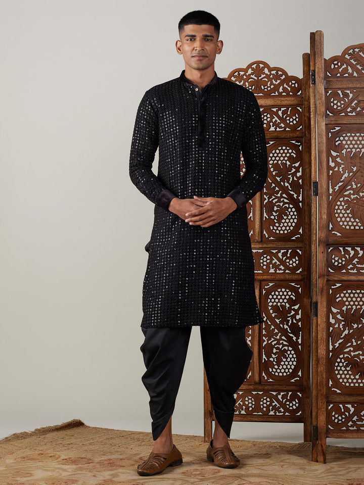 Sarvati Men's Black Mirror Georgette Kurta Dhoti Set