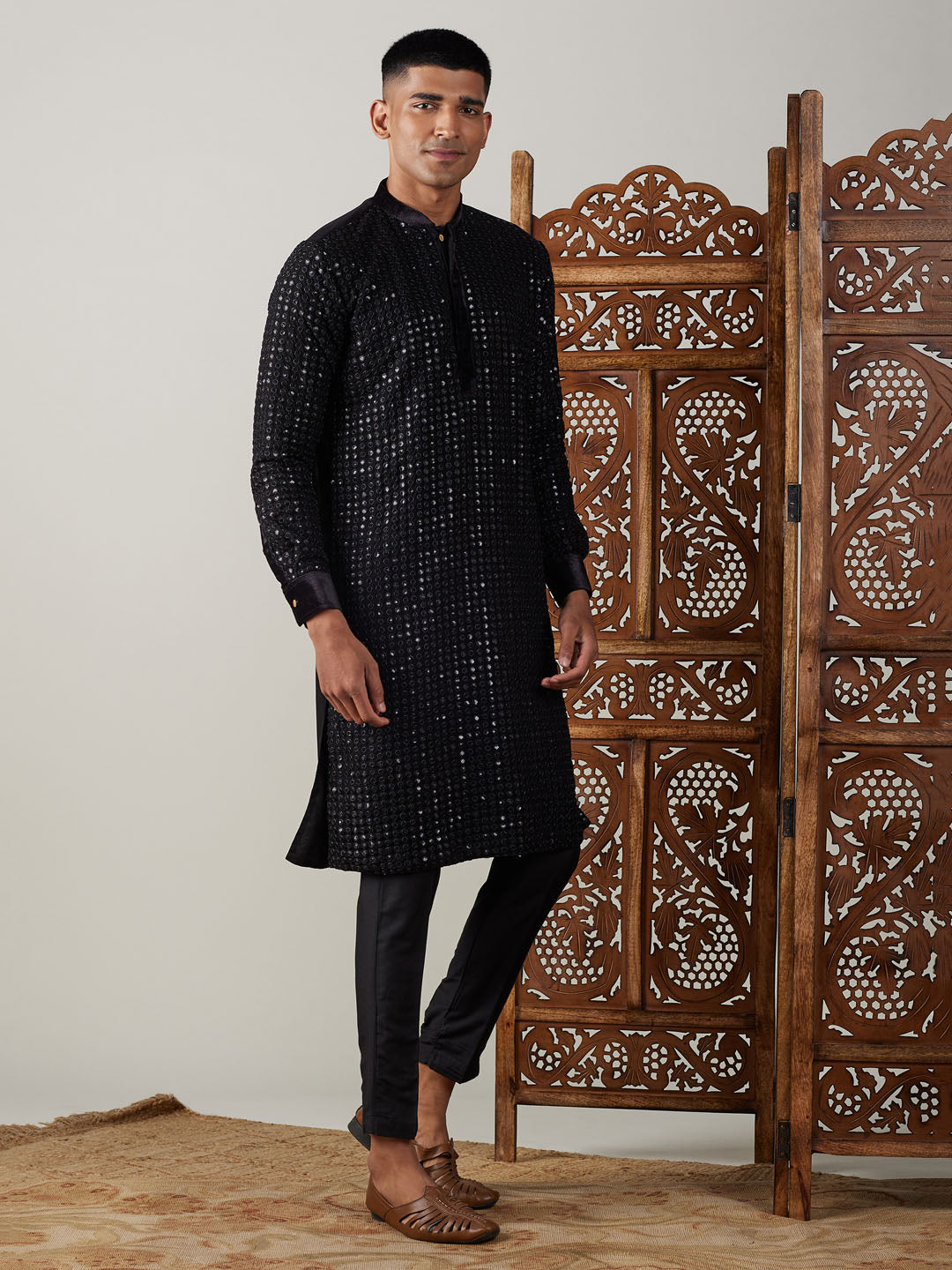 Sarvati Men's Black Mirror Georgette Kurta Pant Set