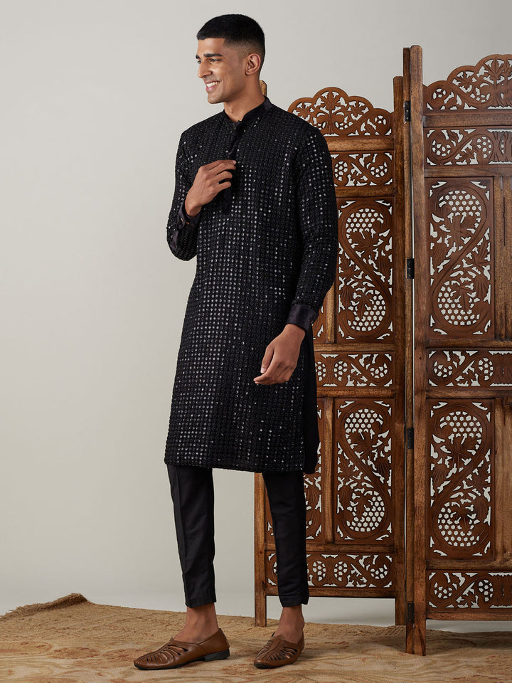 Sarvati Men's Black Mirror Georgette Kurta Pant Set