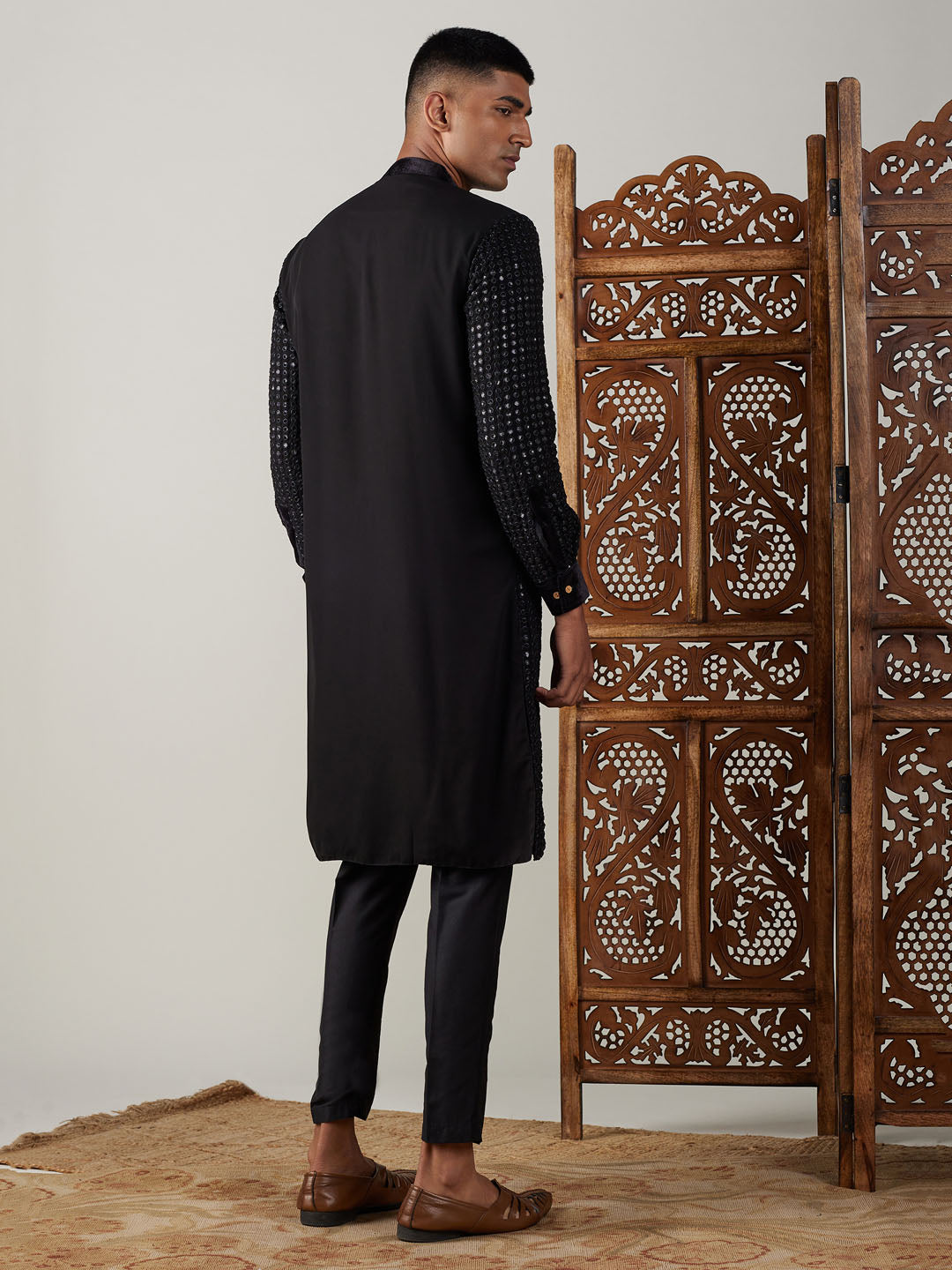 Sarvati Men's Black Mirror Georgette Kurta Pant Set