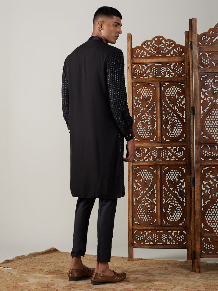 Sarvati Men's Black Mirror Georgette Kurta Pant Set