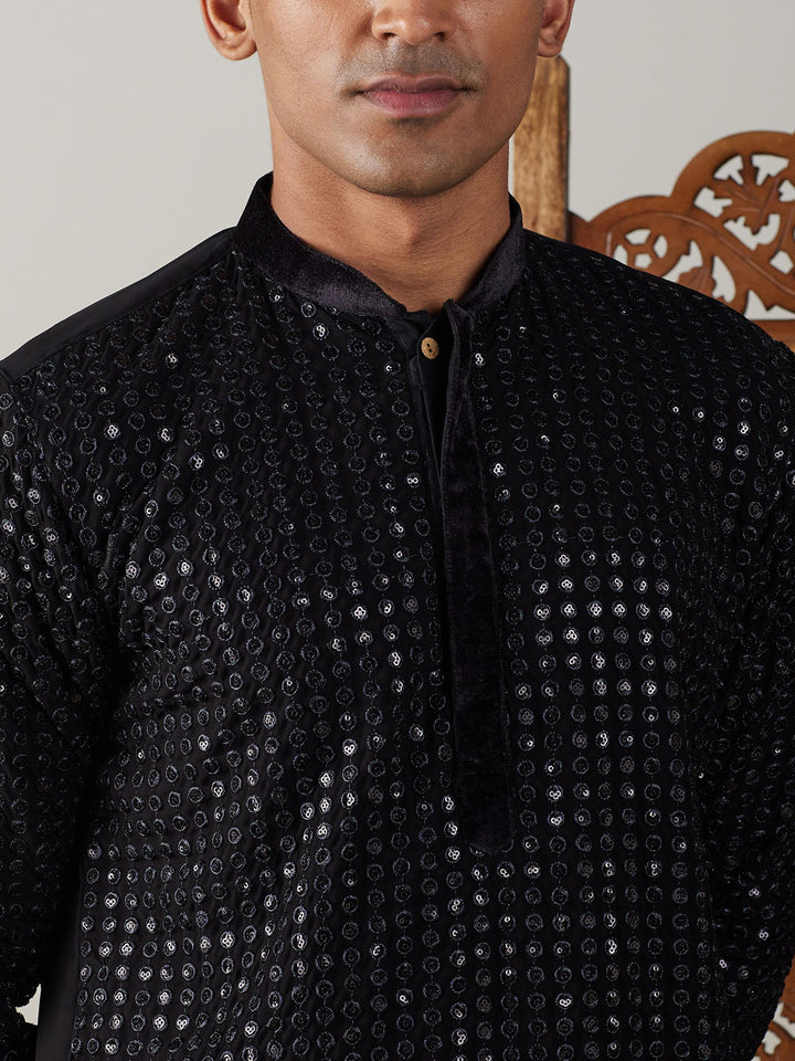 Sarvati Men's Black Mirror Georgette Kurta Pant Set