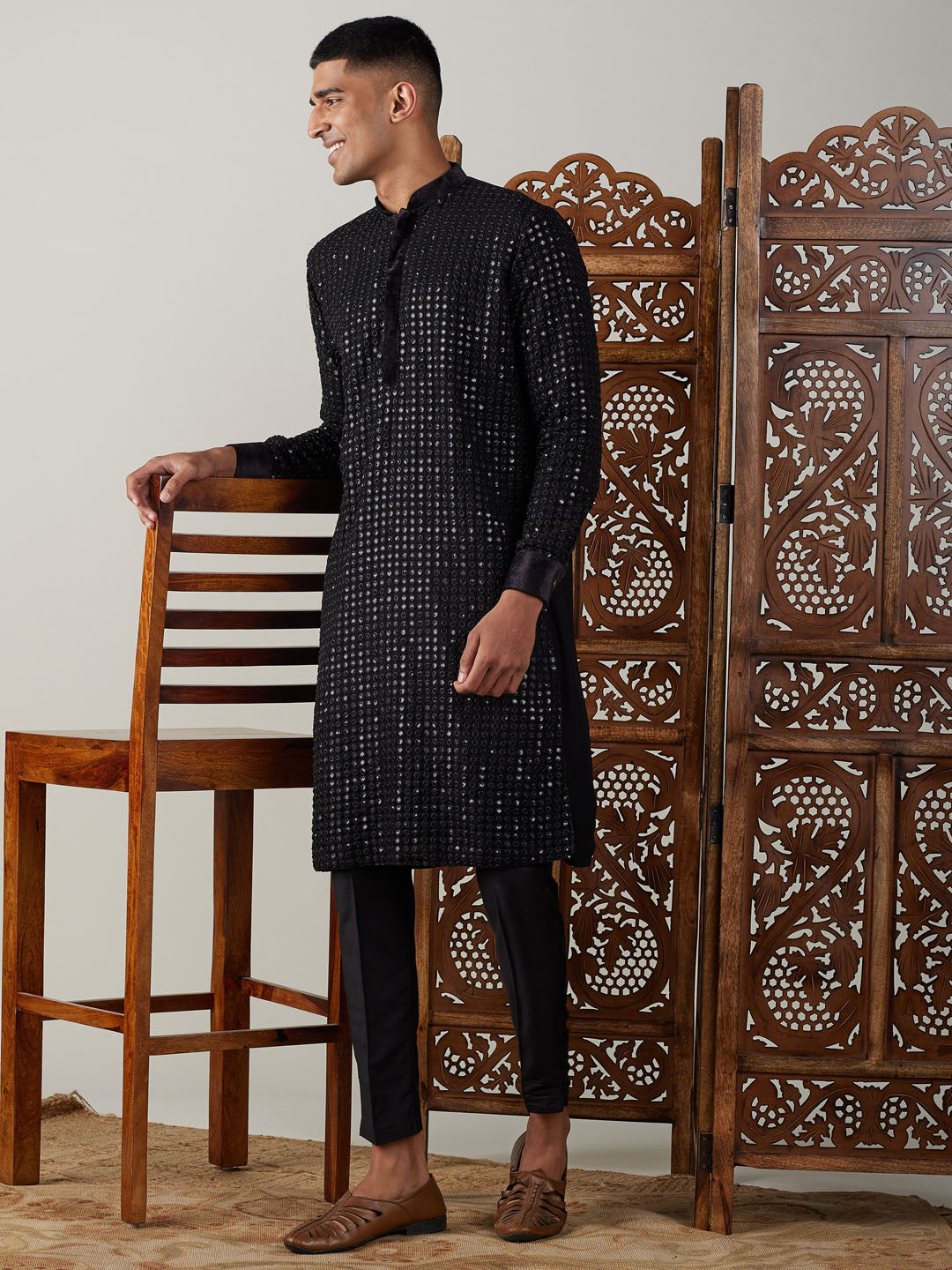 Sarvati Men's Black Mirror Georgette Kurta Pant Set