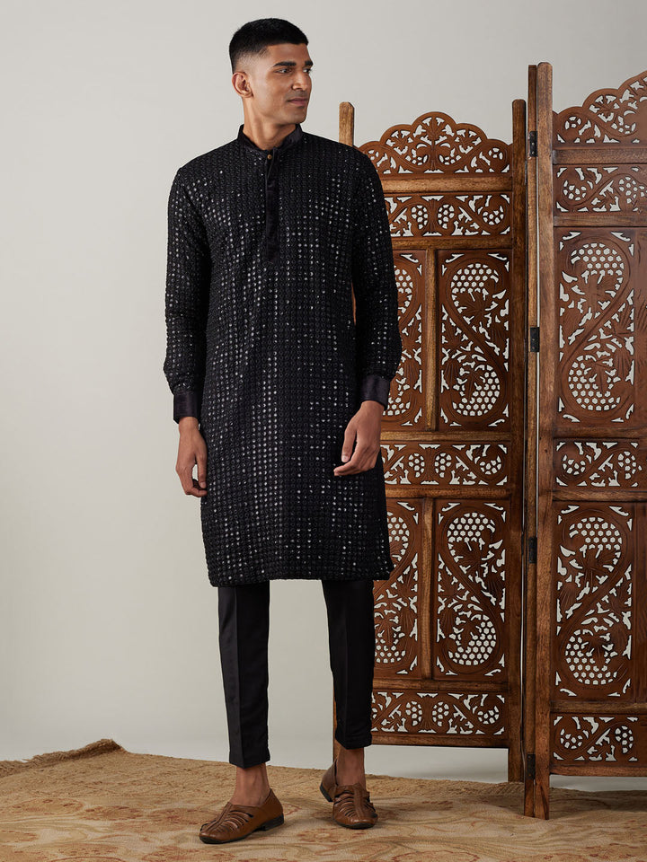 Sarvati Men's Black Mirror Georgette Kurta Pant Set