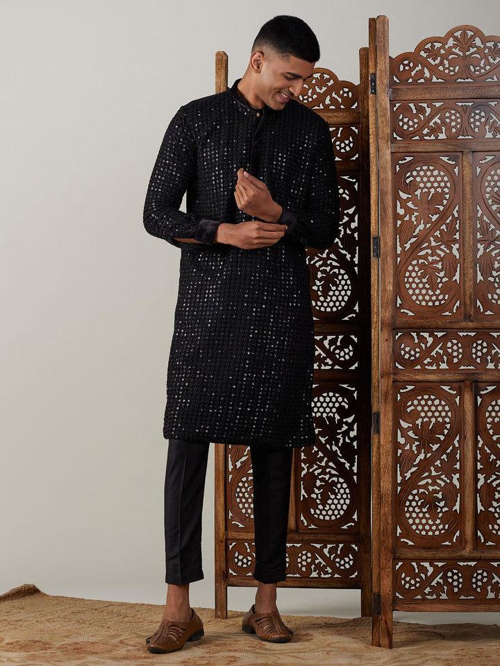 Sarvati Men's Black Mirror Georgette Kurta Pant Set